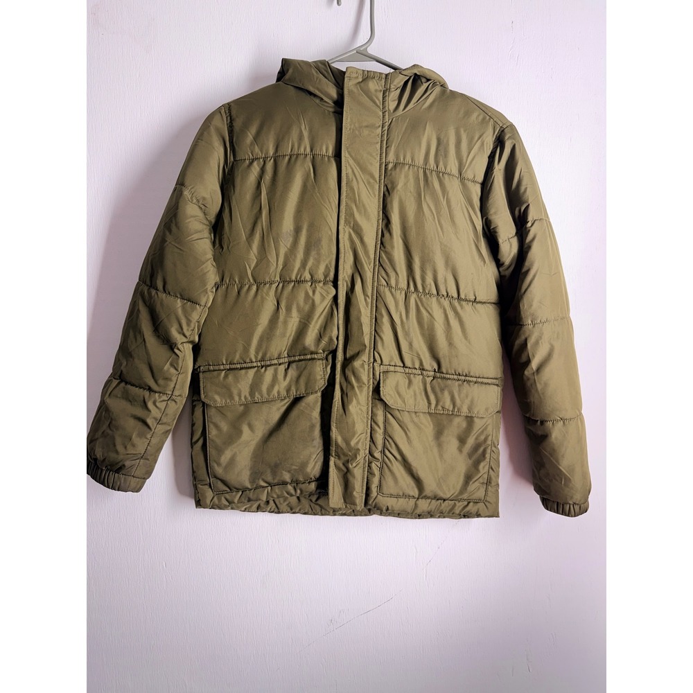 Old Navy Kids Puffer Jacket Olive Green Hooded Winter Coat Size L 10-12 Pockets